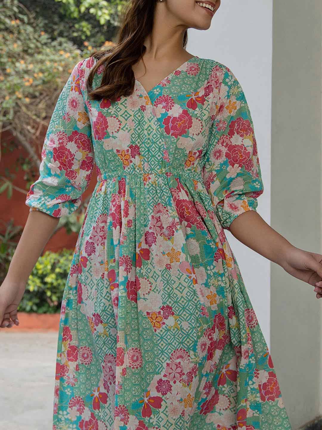 Sea Green Cotton Floral Fit & Flare Dress  - By Janasya