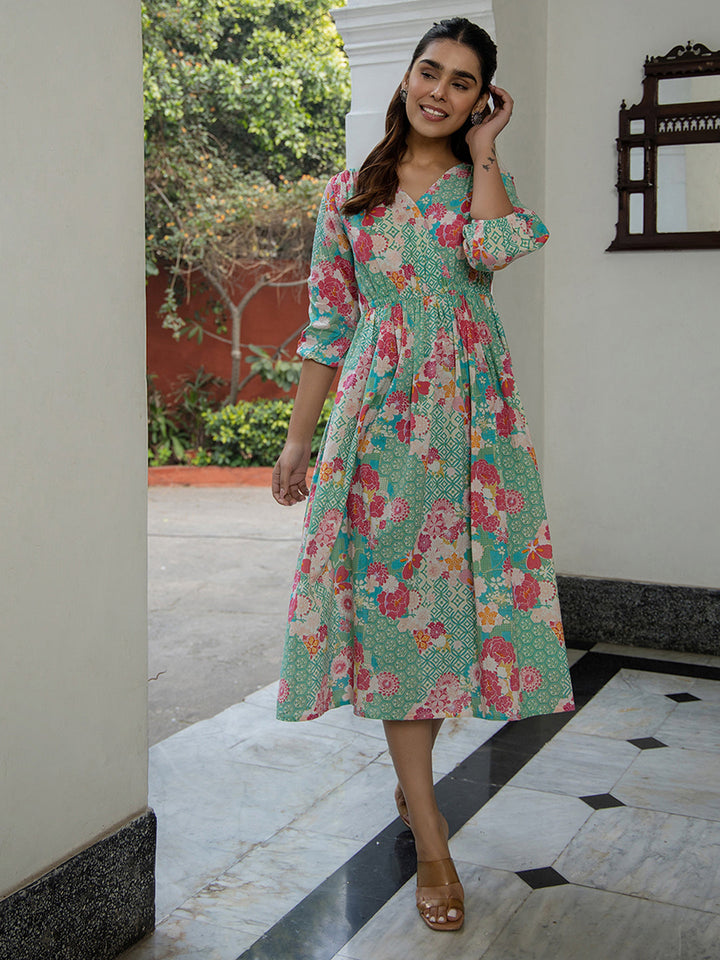 Sea Green Cotton Floral Fit & Flare Dress  - By Janasya