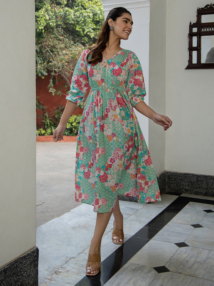 Sea Green Cotton Floral Fit & Flare Dress  - By Janasya