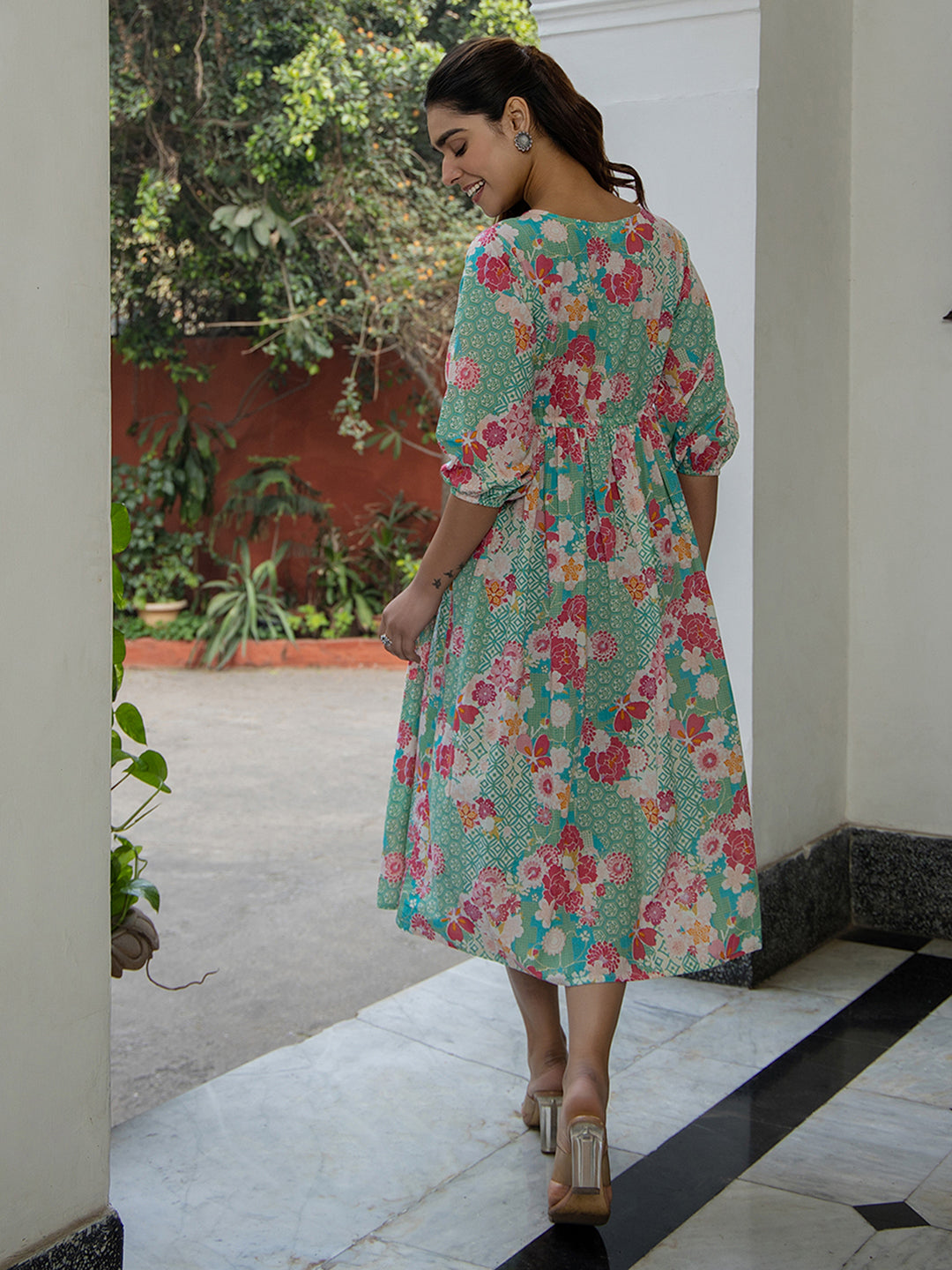 Sea Green Cotton Floral Fit & Flare Dress  - By Janasya