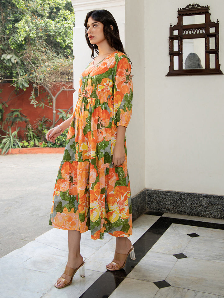 Multicolor Cotton Floral Fit & Flare Dress  - By Janasya