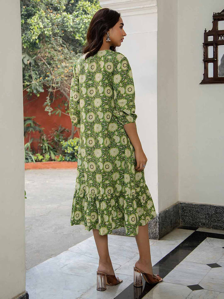 Green Cotton Floral A-Line Dress  - By Janasya