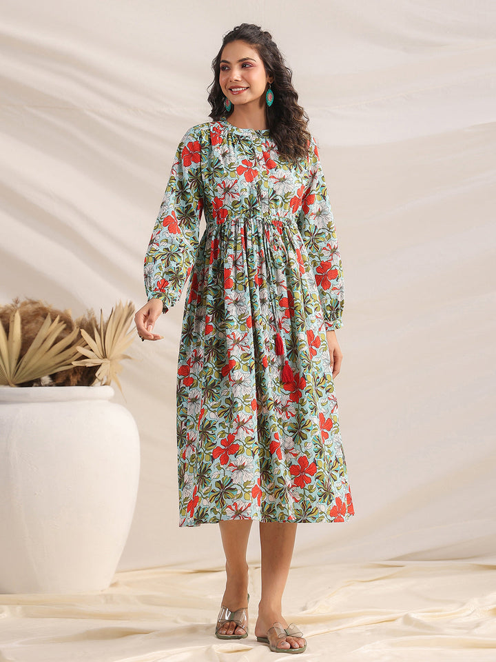 Blue Cotton Floral Gathered Dress  - By Janasya