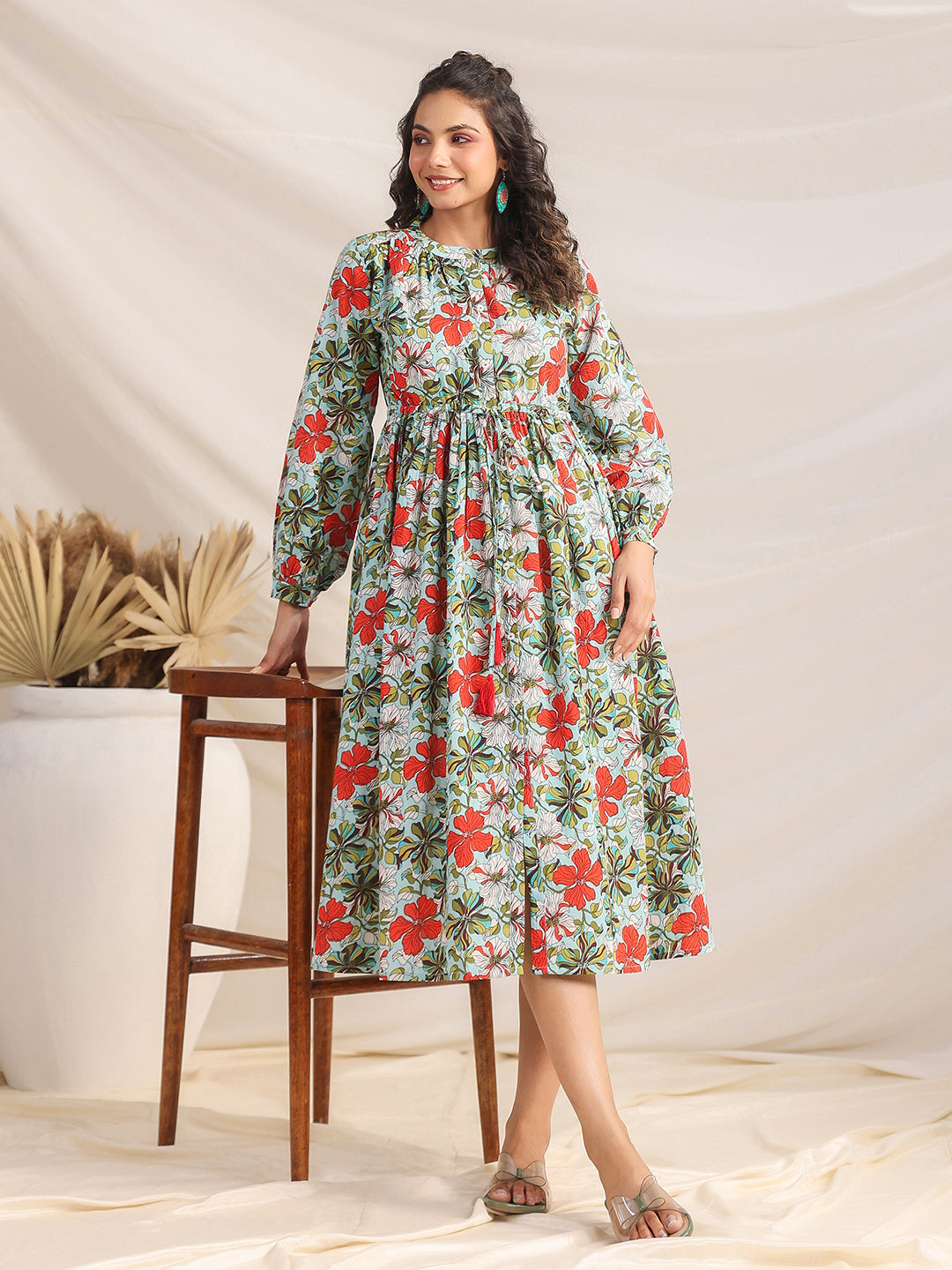 Blue Cotton Floral Gathered Dress  - By Janasya