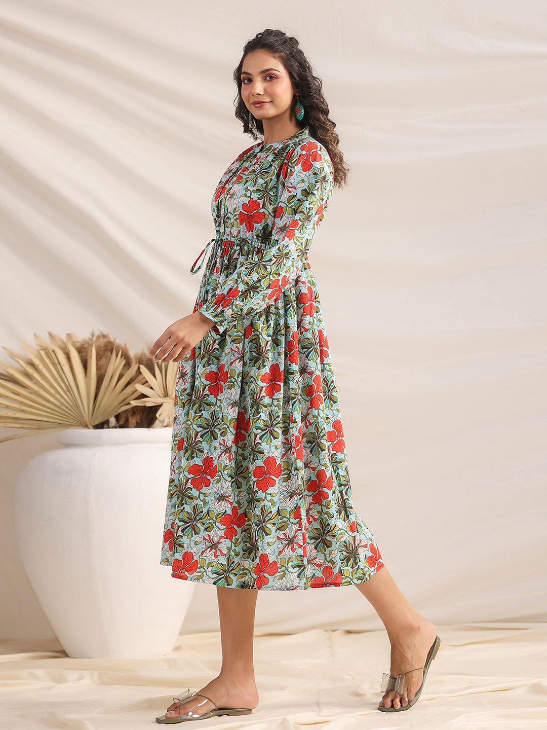 Blue Cotton Floral Gathered Dress  - By Janasya