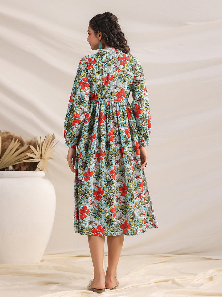 Blue Cotton Floral Gathered Dress  - By Janasya