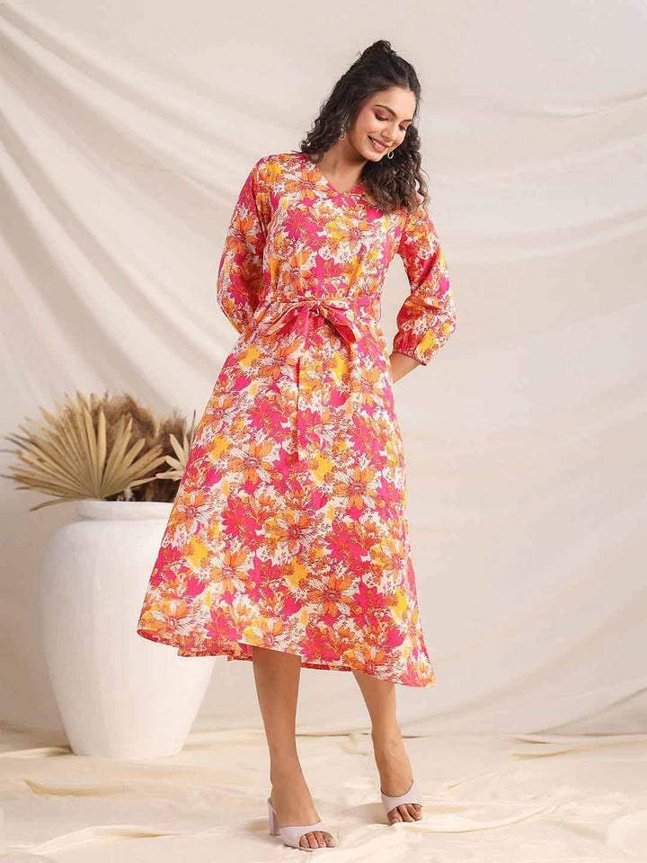 Multicolour Cotton Floral A-Line Dress  - By Janasya