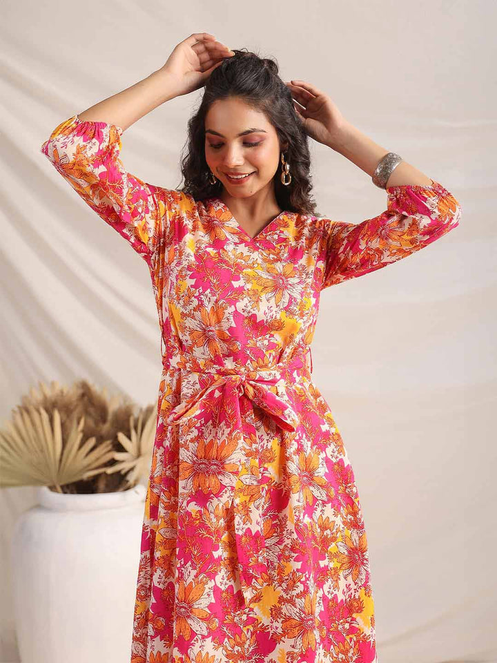 Multicolour Cotton Floral A-Line Dress  - By Janasya