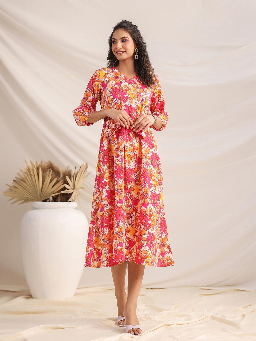 Multicolour Cotton Floral A-Line Dress  - By Janasya