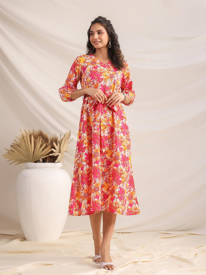 Multicolour Cotton Floral A-Line Dress  - By Janasya