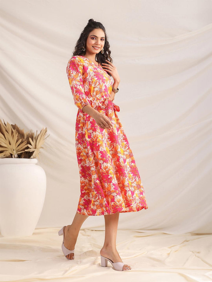 Multicolour Cotton Floral A-Line Dress  - By Janasya