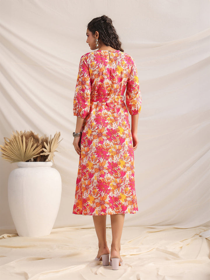 Multicolour Cotton Floral A-Line Dress  - By Janasya