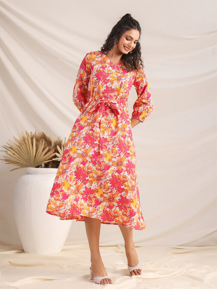 Multicolour Cotton Floral A-Line Dress  - By Janasya