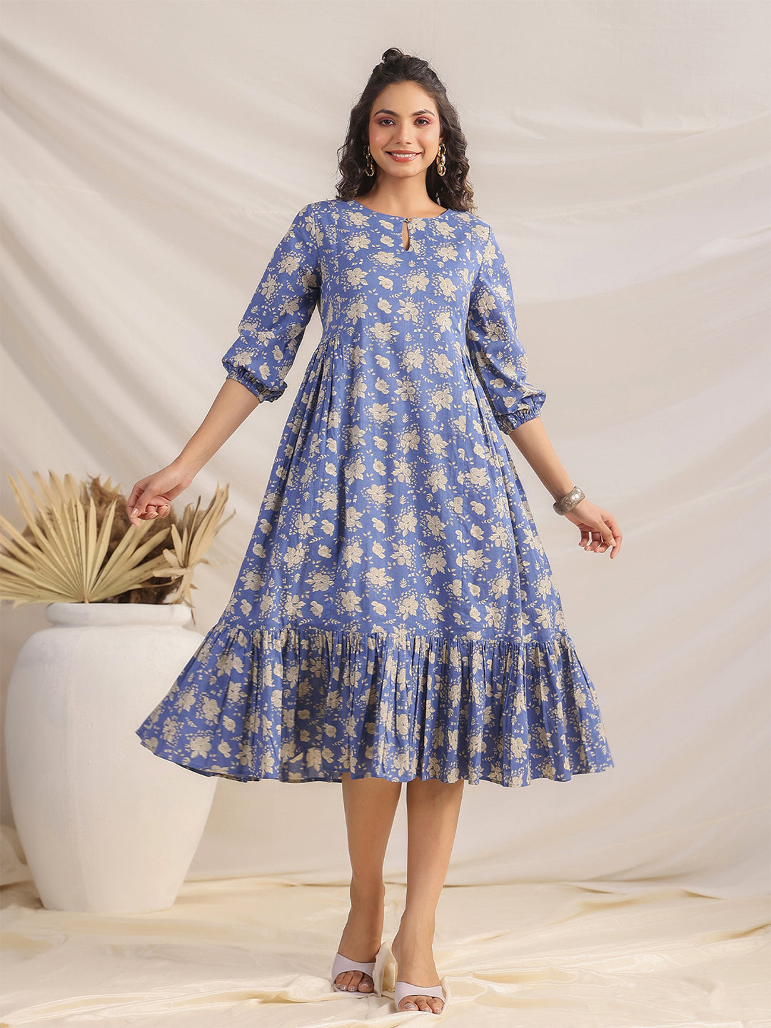 Blue Cotton Floral Fit & Flare Dress  - By Janasya