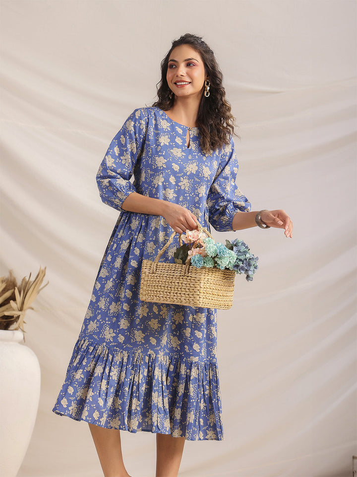 Blue Cotton Floral Fit & Flare Dress  - By Janasya