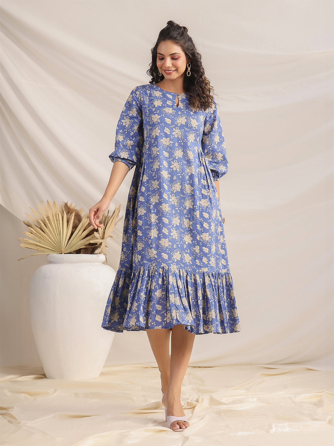 Blue Cotton Floral Fit & Flare Dress  - By Janasya