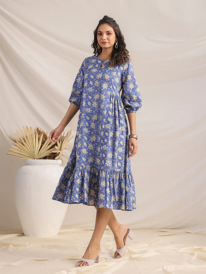 Blue Cotton Floral Fit & Flare Dress  - By Janasya