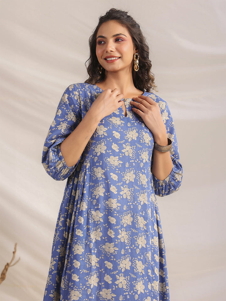 Blue Cotton Floral Fit & Flare Dress  - By Janasya