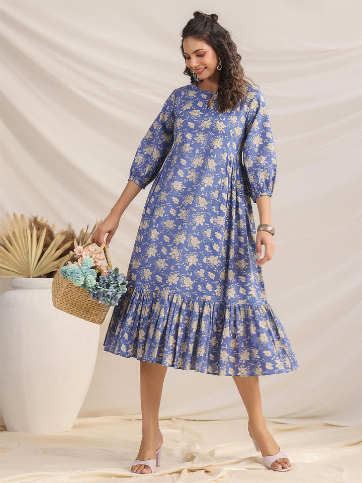 Blue Cotton Floral Fit & Flare Dress  - By Janasya