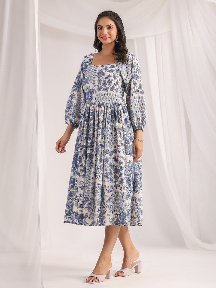 Off White Cotton Floral Gathered Dress  - By Janasya