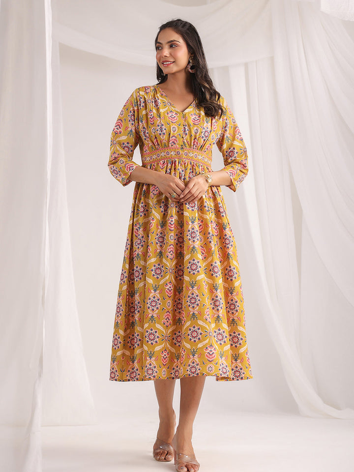 Mustard Cotton Ethnic Motifs Gathered Dress  - By Janasya