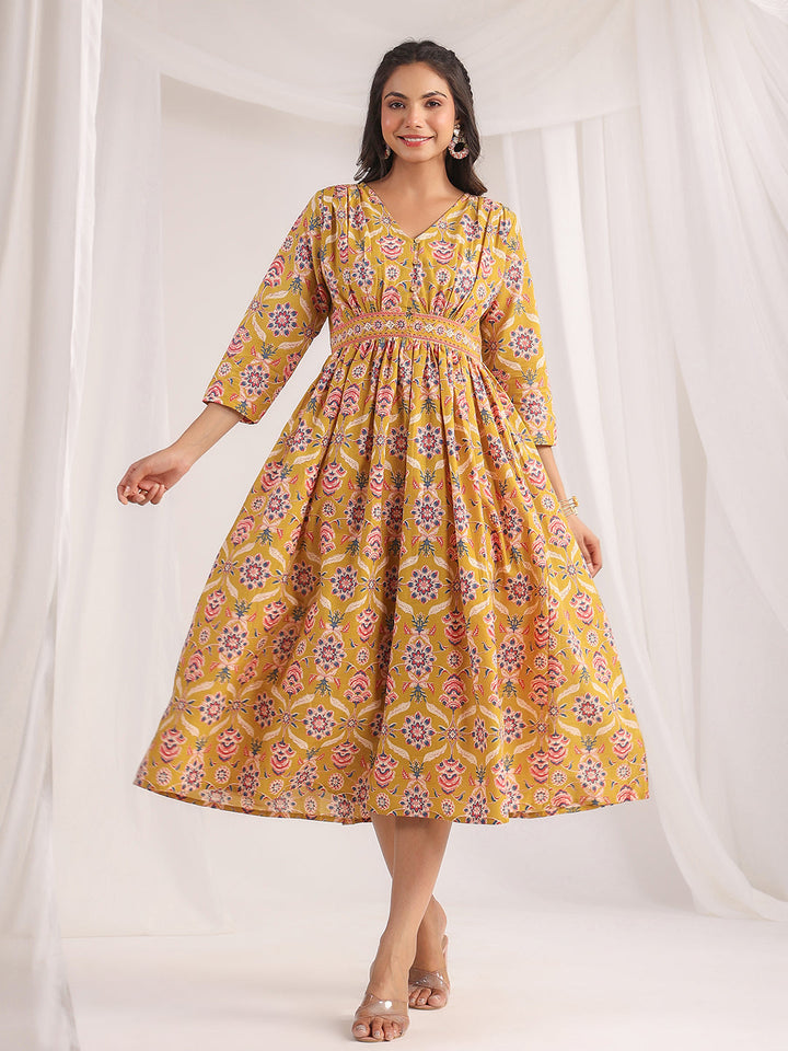 Mustard Cotton Ethnic Motifs Gathered Dress  - By Janasya