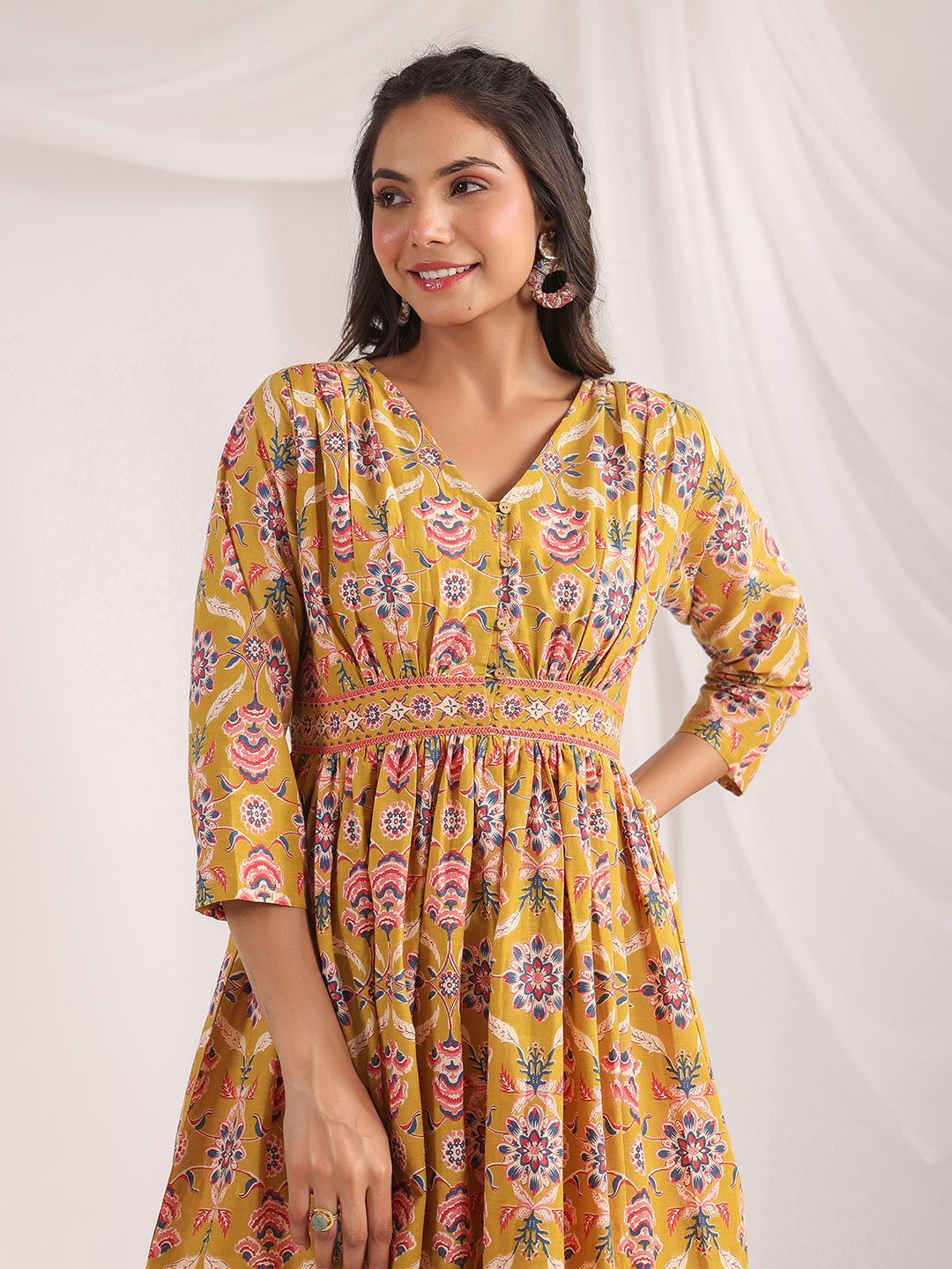 Mustard Cotton Ethnic Motifs Gathered Dress  - By Janasya