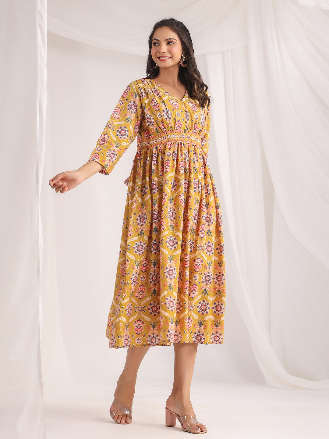 Mustard Cotton Ethnic Motifs Gathered Dress  - By Janasya