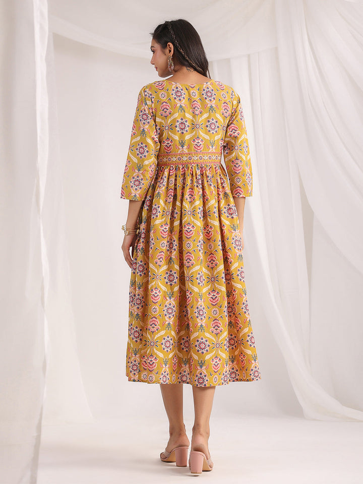 Mustard Cotton Ethnic Motifs Gathered Dress  - By Janasya