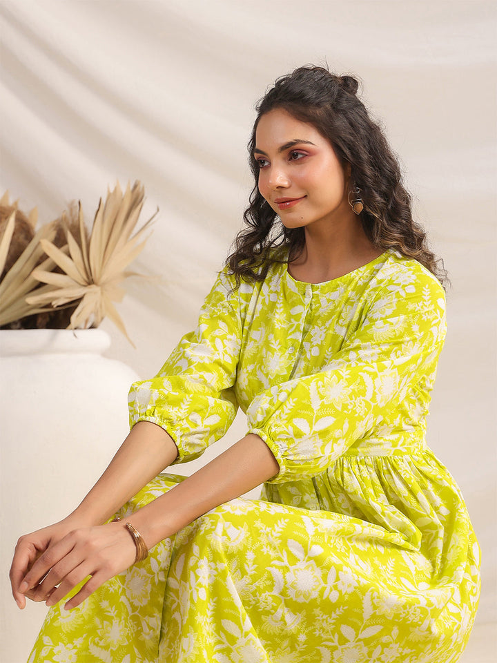 Lime Cotton Floral Gathered Dress  - By Janasya