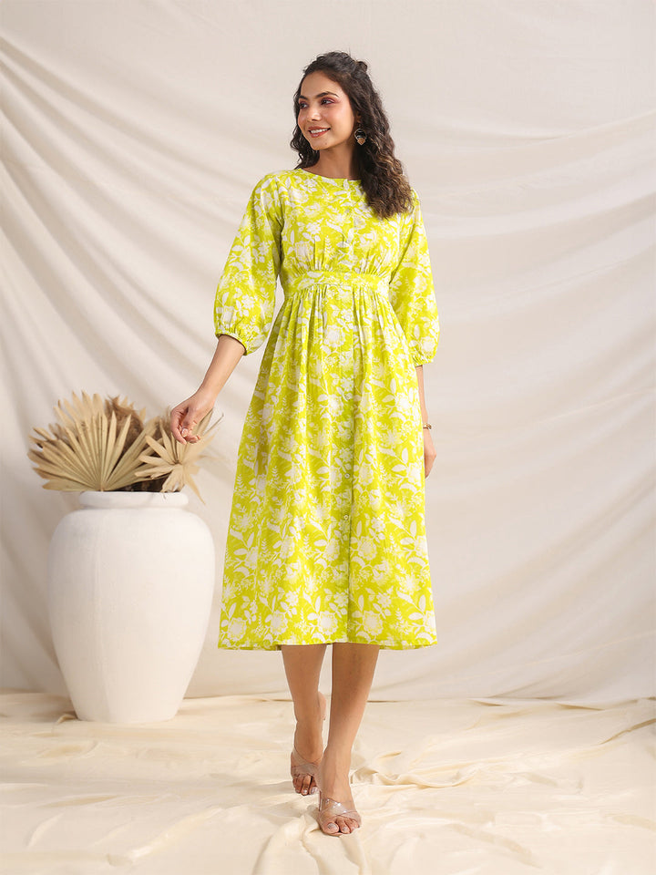 Lime Cotton Floral Gathered Dress  - By Janasya