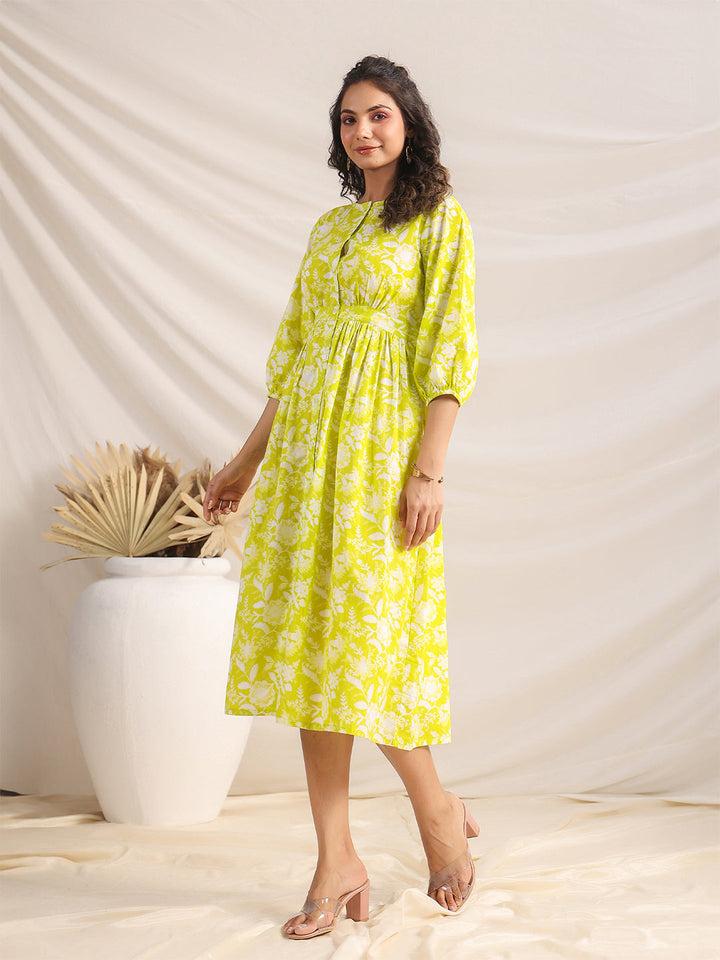 Lime Cotton Floral Gathered Dress  - By Janasya