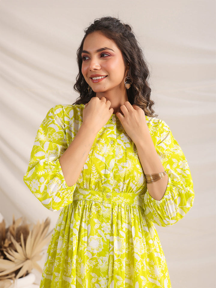 Lime Cotton Floral Gathered Dress  - By Janasya