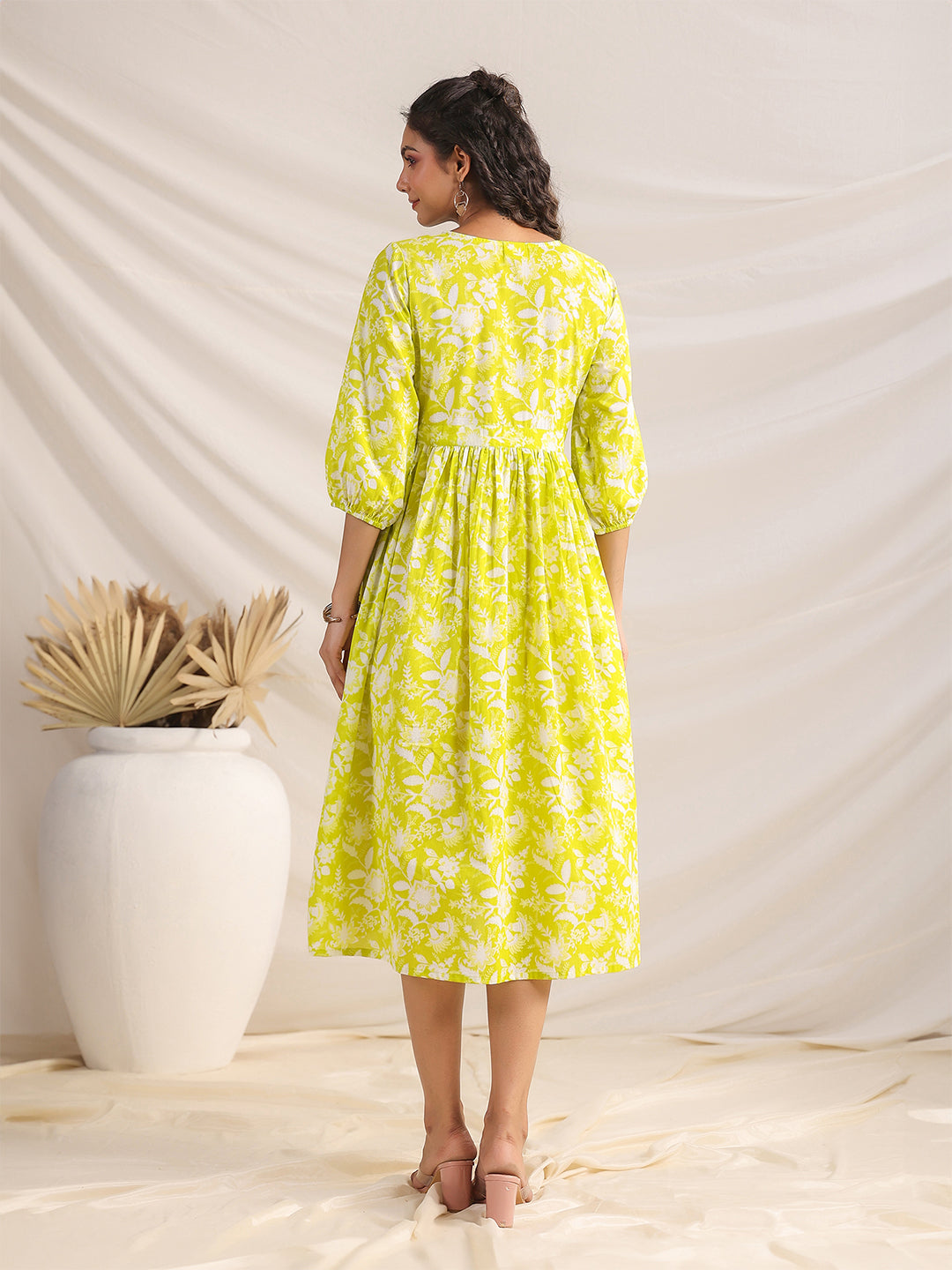 Lime Cotton Floral Gathered Dress  - By Janasya