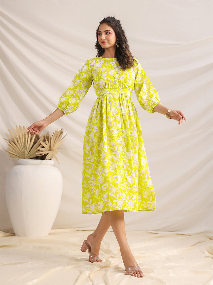 Lime Cotton Floral Gathered Dress  - By Janasya