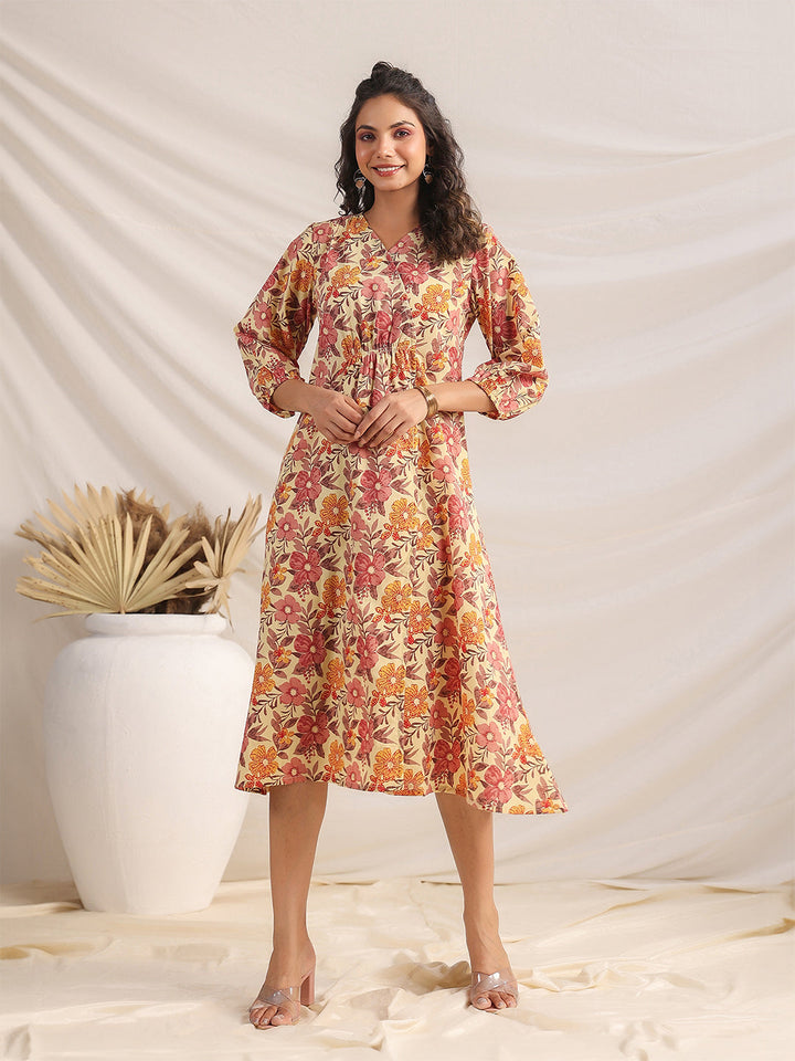 Yellow Cotton Floral Gathered Dress  - By Janasya