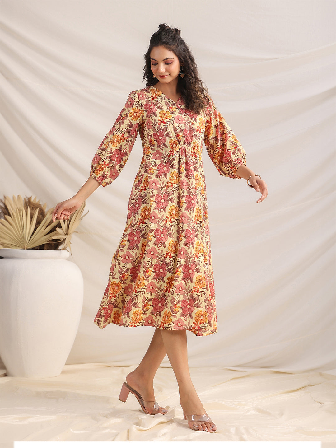 Yellow Cotton Floral Gathered Dress  - By Janasya