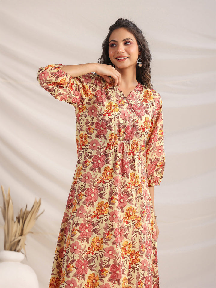 Yellow Cotton Floral Gathered Dress  - By Janasya