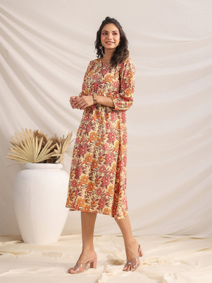 Yellow Cotton Floral Gathered Dress  - By Janasya