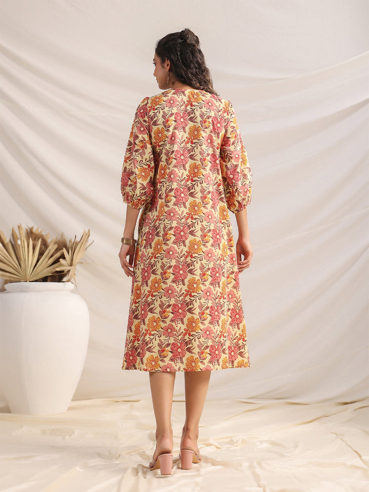 Yellow Cotton Floral Gathered Dress  - By Janasya