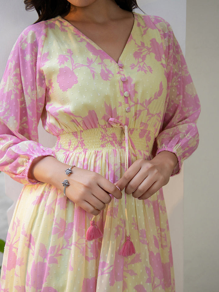 Light Yellow Dobby Georgette Floral Fit & Flare Dress  - By Janasya