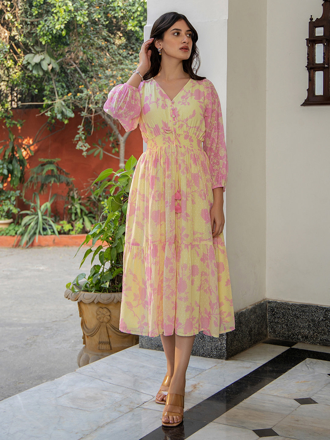 Light Yellow Dobby Georgette Floral Fit & Flare Dress  - By Janasya