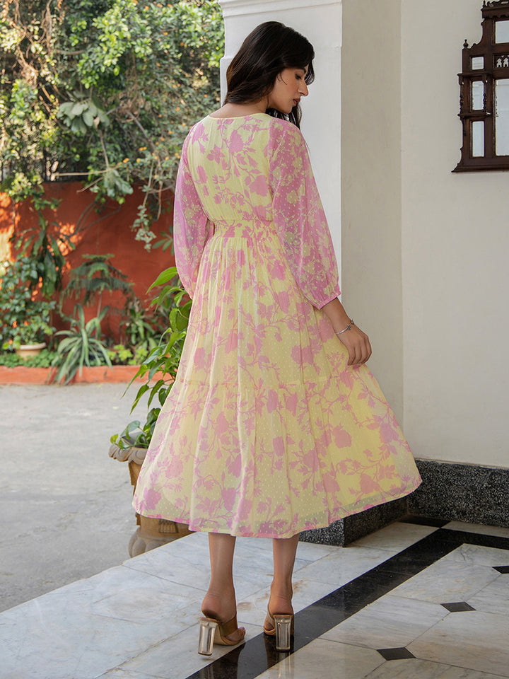 Light Yellow Dobby Georgette Floral Fit & Flare Dress  - By Janasya