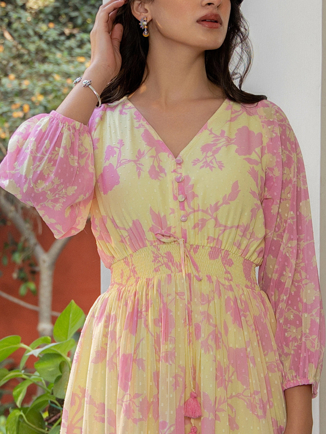 Light Yellow Dobby Georgette Floral Fit & Flare Dress  - By Janasya