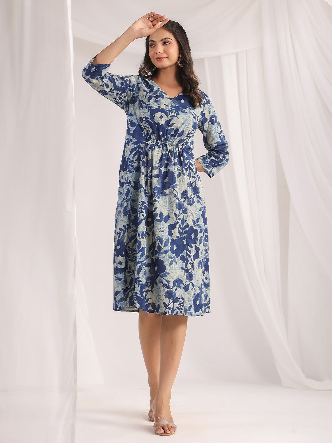 Indigo Cotton Floral Panelled Dress  - By Janasya