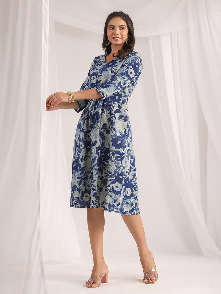 Indigo Cotton Floral Panelled Dress  - By Janasya