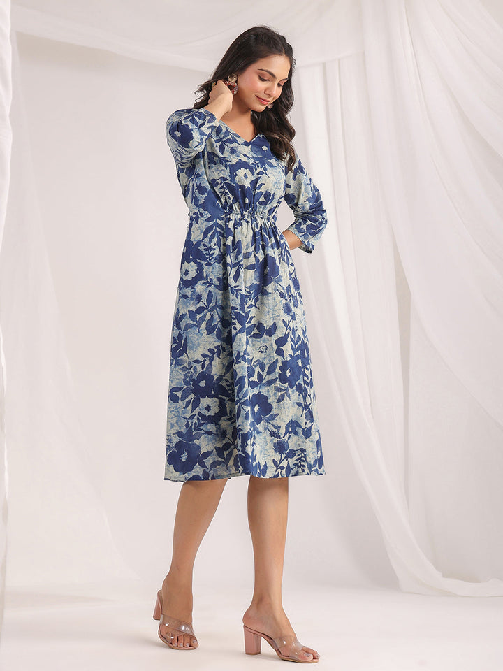 Indigo Cotton Floral Panelled Dress  - By Janasya