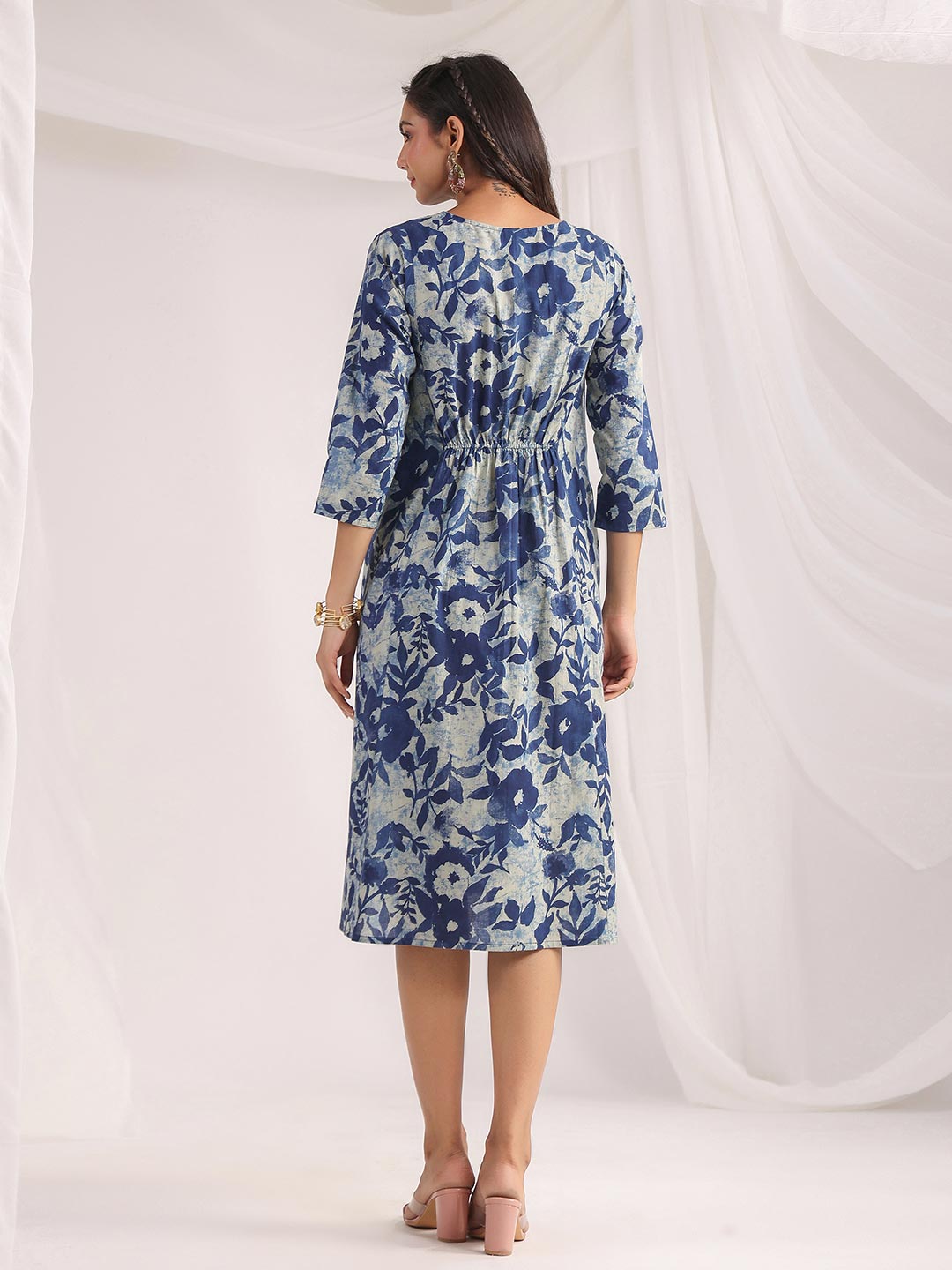 Indigo Cotton Floral Panelled Dress  - By Janasya