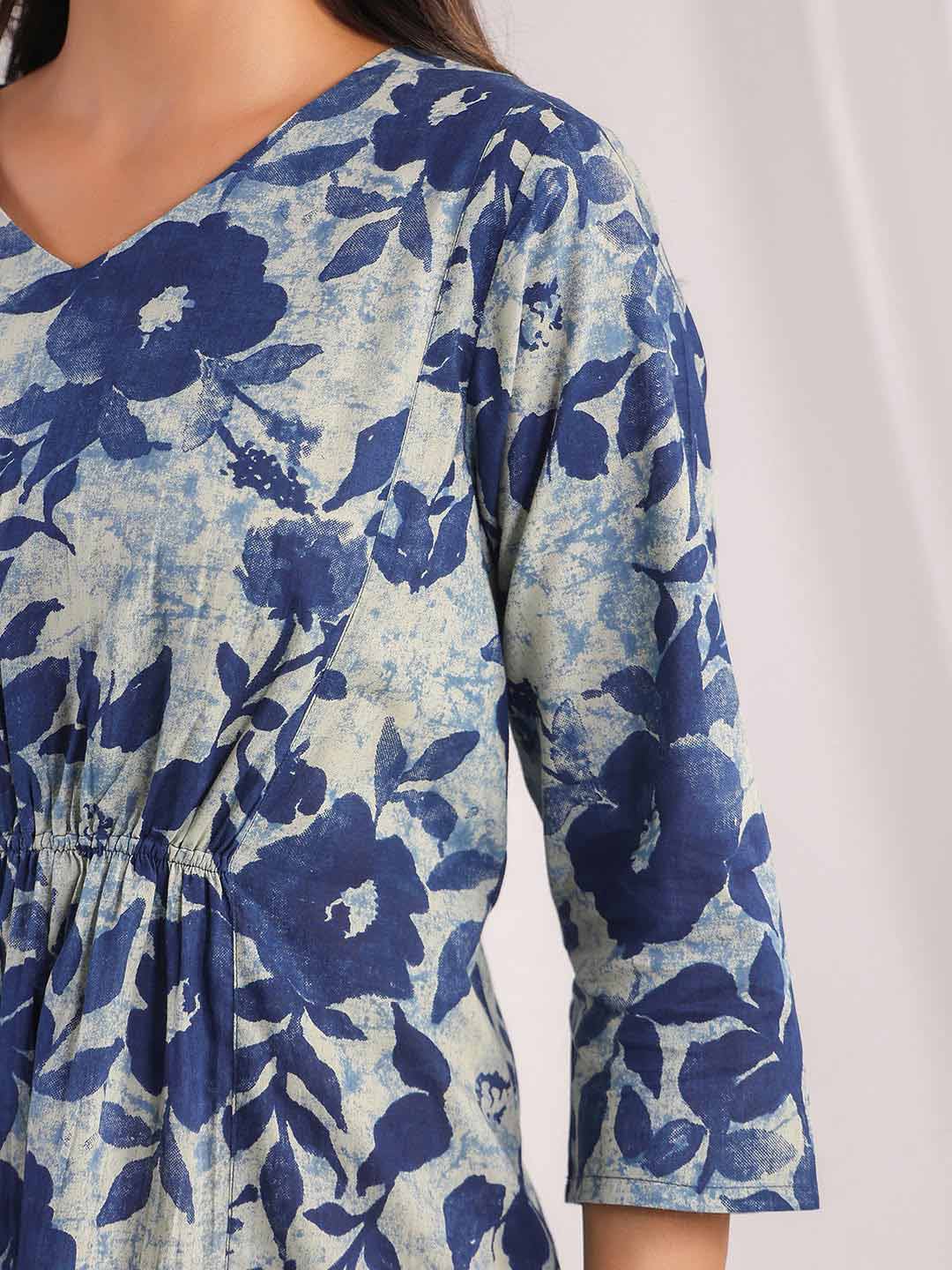 Indigo Cotton Floral Panelled Dress  - By Janasya