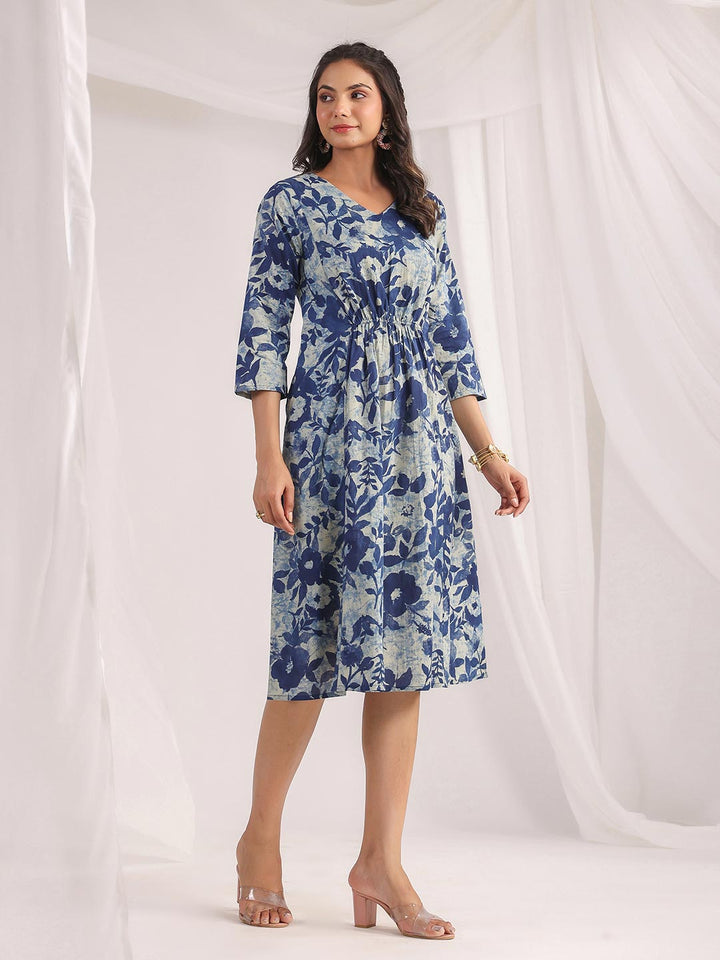 Indigo Cotton Floral Panelled Dress  - By Janasya